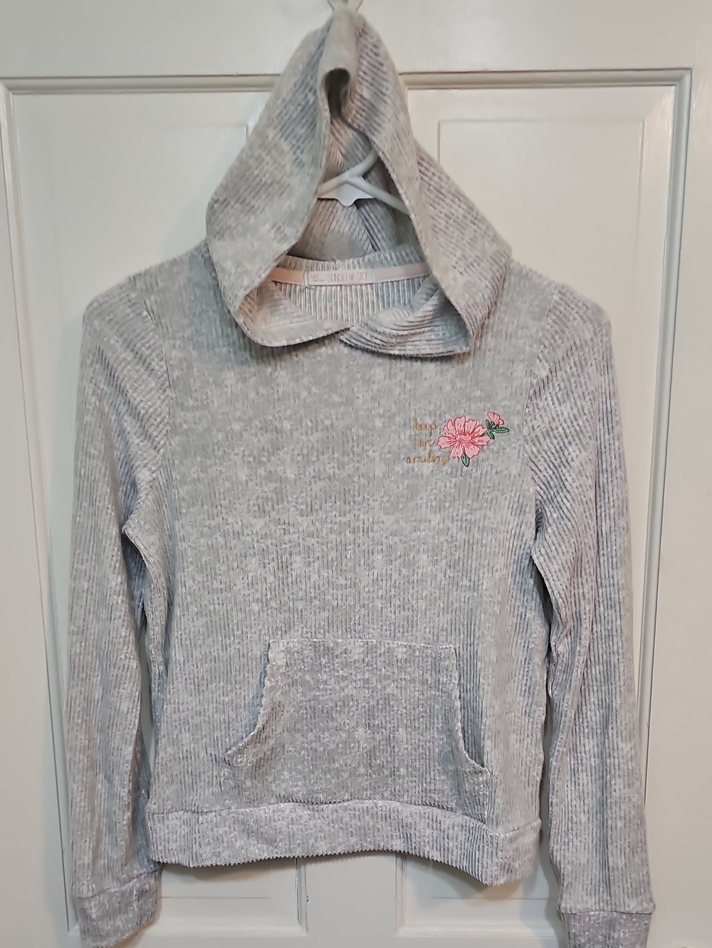 Light Gray Women's Hooded Sweater with Pink Floral Embroidery